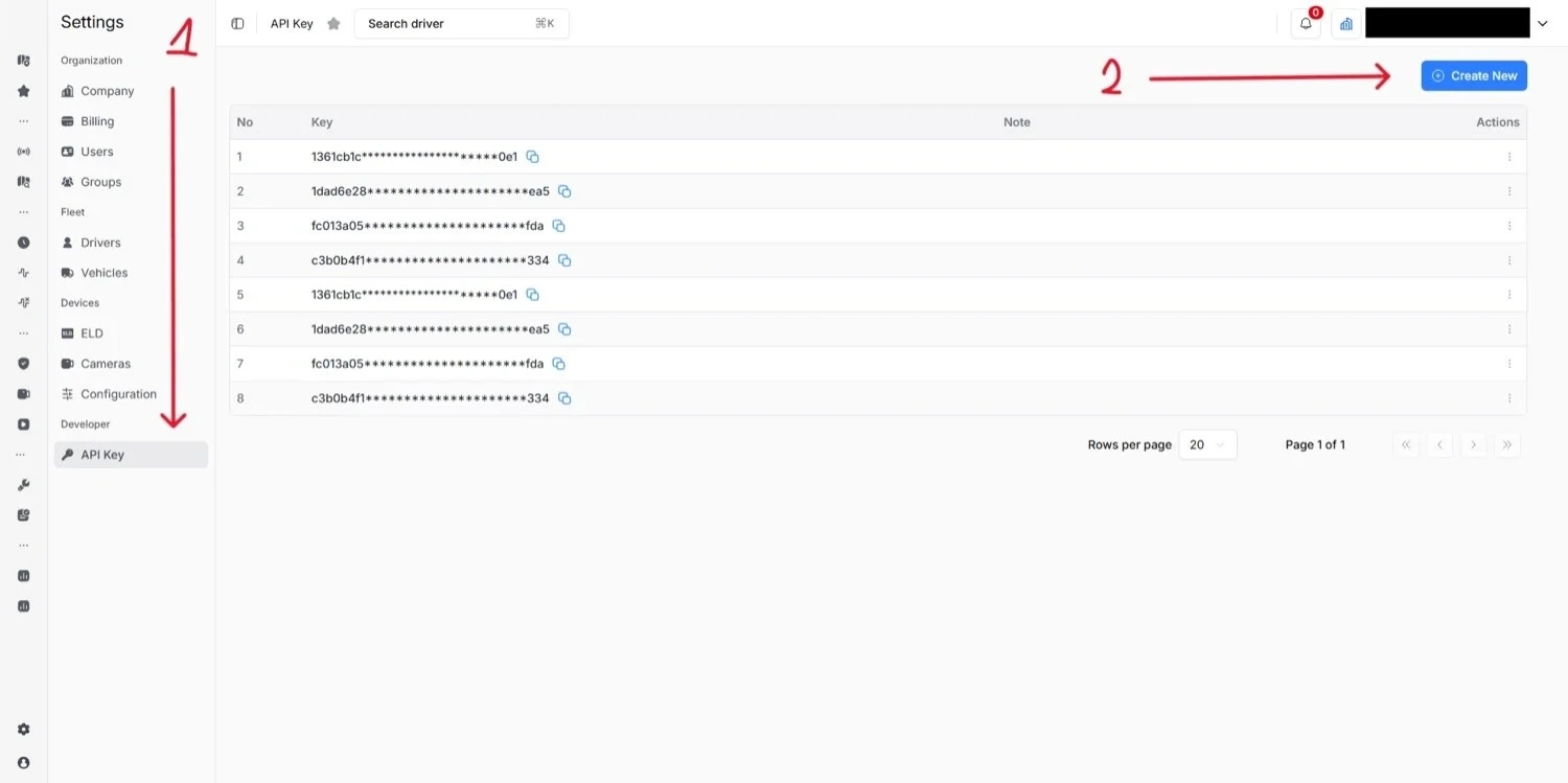 API Key page with the Create New button in the top-right