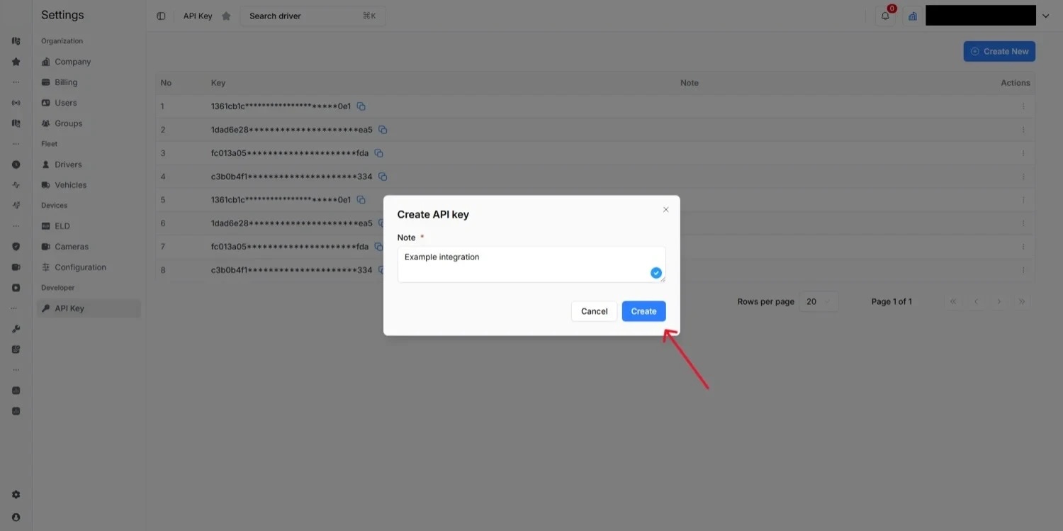 Modal asking for a note for the new API key, with a Create button