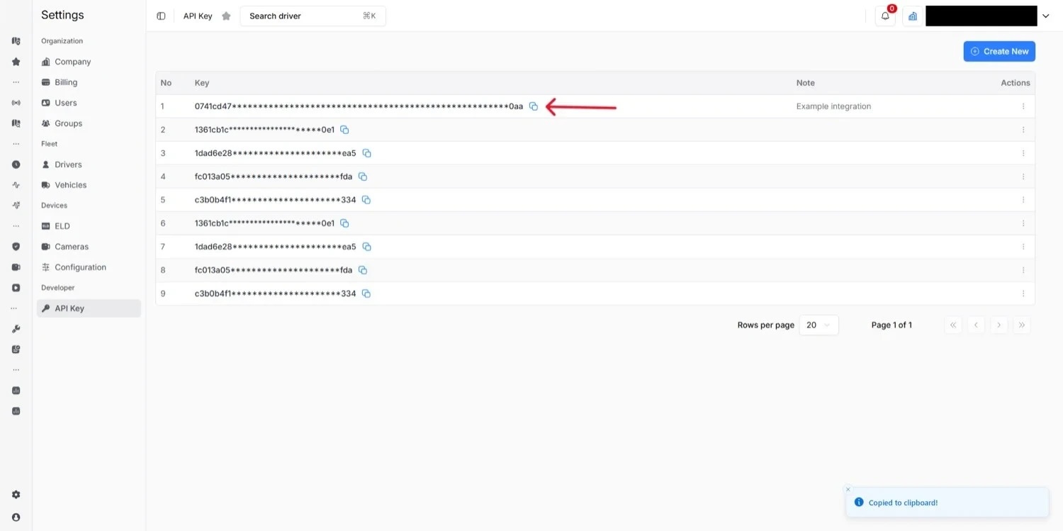 API Key list with the new key at the top and a copy icon visible